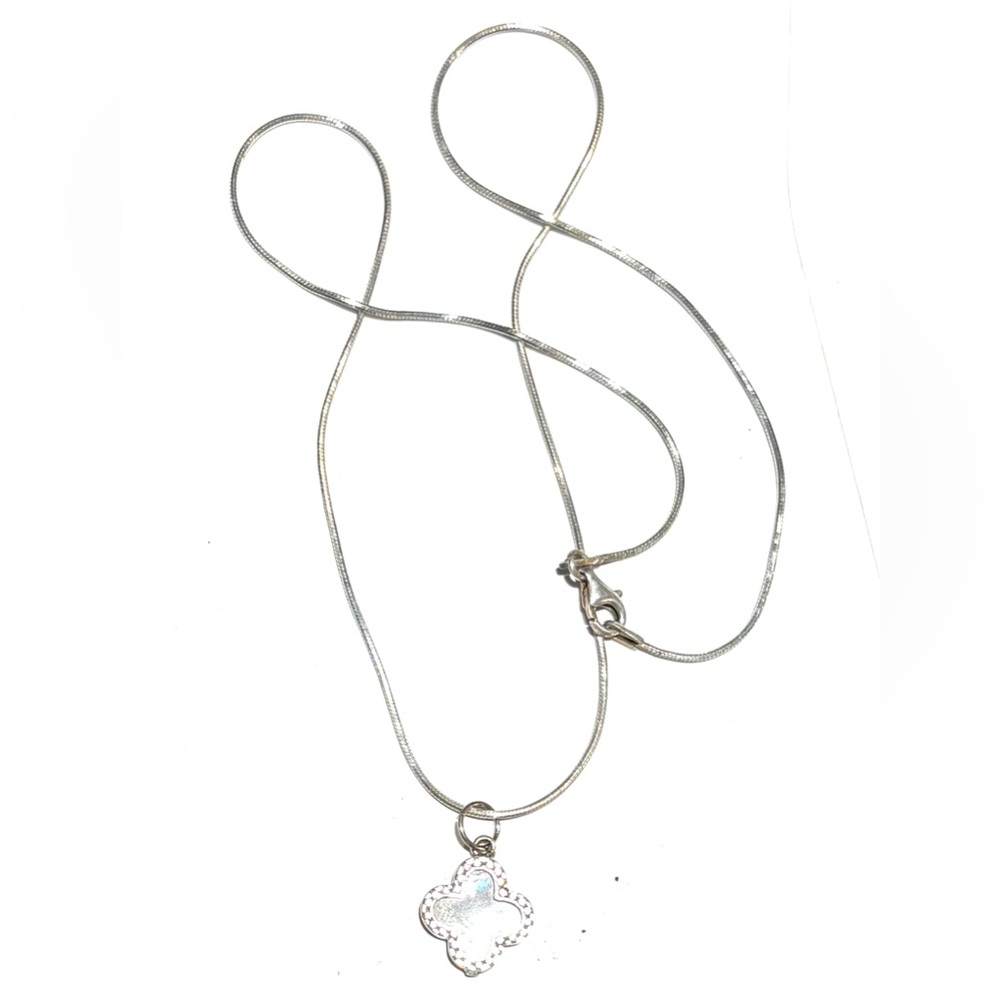 Mother of Pearl, White Sapphire and Sterling Clover Pendant Necklace